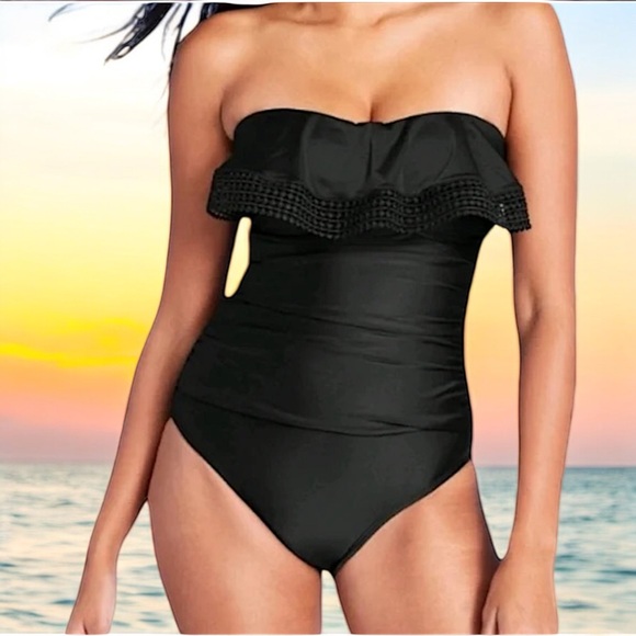 Kona Sol Jet Black Crochet Flounce Bandeau One-Piece Swimsuit - Picture 4 of 16